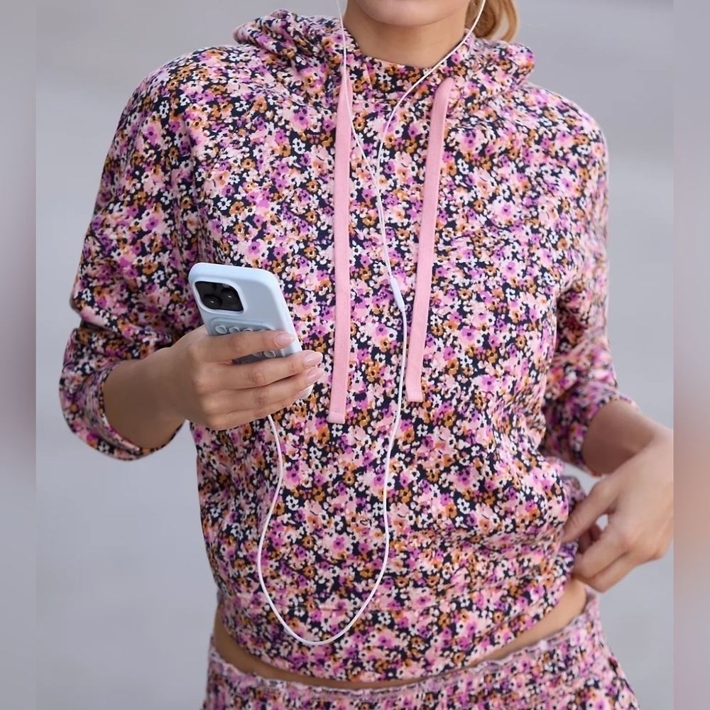 Daily Practice Anthropologie Drawstring Hooded Sweatshirt, Pink Floral Combo, S